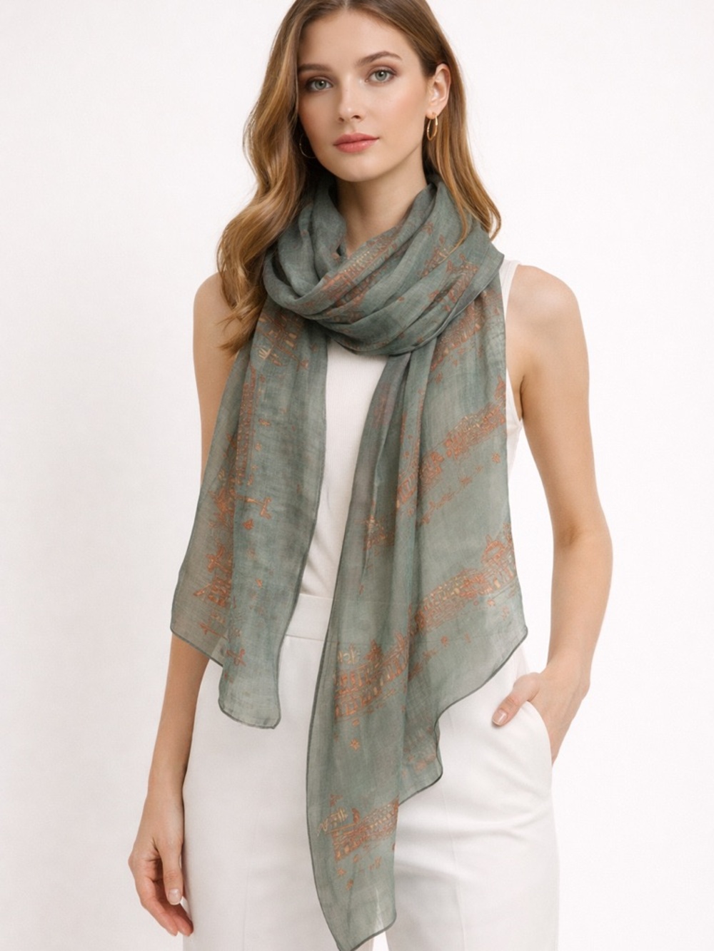 Light Sage Printed Women’s Scarf - Soft Wrap